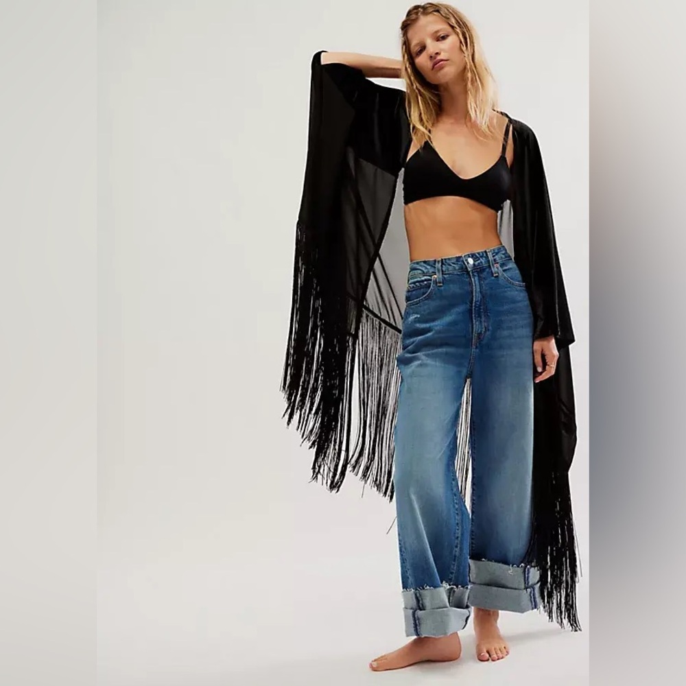 Velvet Dreams Fringe Kimono by Free People - One Size - Black NWOT